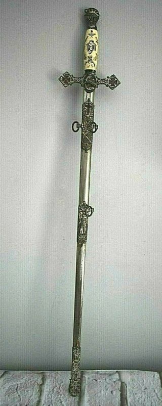 Shriners Masonic Ceremonial Templar Sword & Scabbard Henderson Ames Co.  Etched