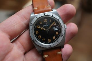 Exponent - Chunky Vintage All Steel Skin Diver Watch On A Leather Strap
