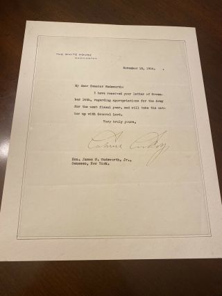 1924 Calvin Coolidge Signed Tls White House President To Senator Wadsworth Army