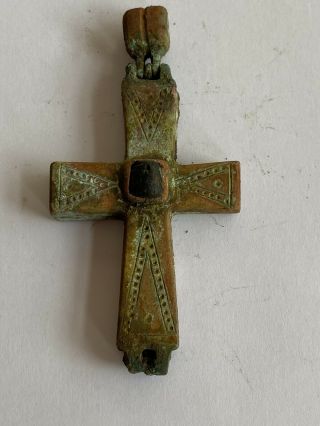 Byzantine Ancient Bronze Cross Encolpion With Red Intaglio Stone 700 - 100ad