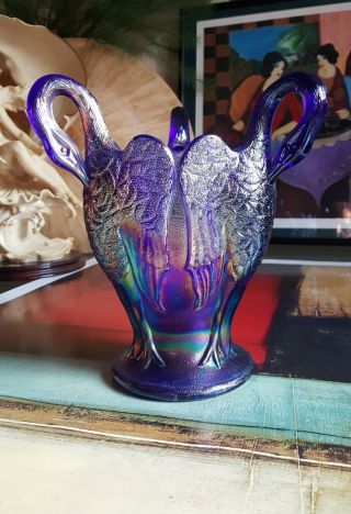 Carnival Glass 3 Headed Swan Vase 9 " Vintage Imperial Collectible