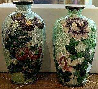 Set 2 Antique/vintage Japanese Cloisonne Foil Vases.  Floral.  3.  5 "