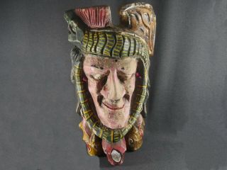 Rare Vintage Folk Art Carved Wooden Native American Indian Head Hand Painted