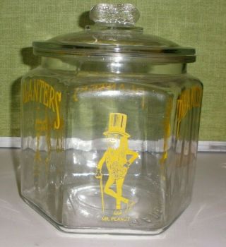 Vintage 6 Sided Planters Mr Peanut Jar / Yellow Writing & A Peanut For Knob
