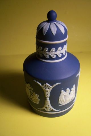 Vintage Wedgwood Cobalt Blue Jasperware Tea Caddy - England L - E 115