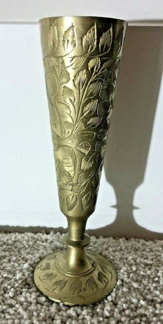 Antique Vintage Indian Brass Bud Vase 1950s 5 " Carved Flowers