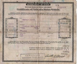 Vintage 1930 Ford Model Aa Certificate Of Title Of A Motor Vehicle Michigan