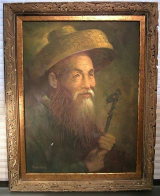Vintage Chinese Portrait Painting Old Man Signed Chan