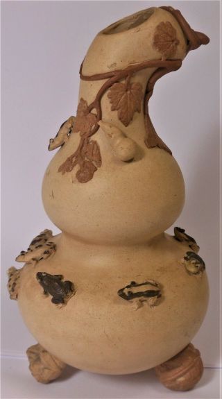 Wonderful 19th Century Japanese Unglazed Pottery Gourd Vase Applied Frogs,  Flora