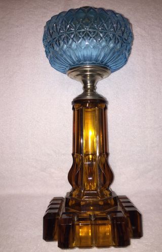 Victorian Press Glass Deep Amber & Sky Blue Eapg Oil Lamp Base 16”