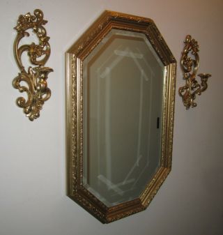 Set Of 3=vintage Wood Octagonal Framed Mirror & Candle Holders 4118 Ornate Gold