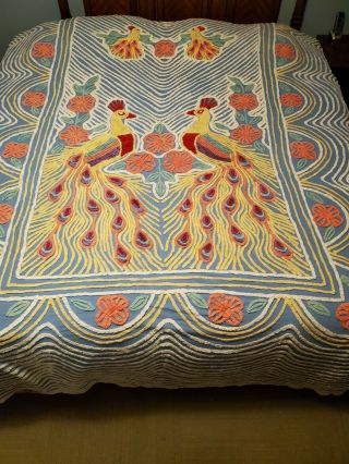 Vintage 1950s Double Peacock And Flowers Chenille Bedspread Blue Background