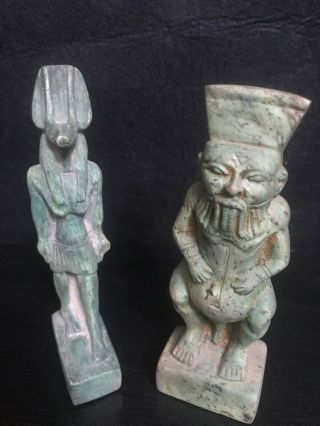 Rare Ancient Egyptian Antiques 2 Statue Of Gods Anubis And Bes Stone Bc