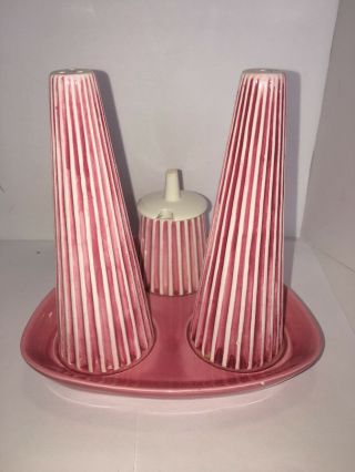 Vintage 5 1/2” Tall Cone Pink White Column Striped Salt,  Pepper & Sugar Japan