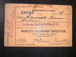 1893 Chicago World’s Fair Columbian Expo Workman’s Pass Machinist