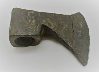 European Find Ancient Viking Decorative Bronze Socketed Axe Head Circa900 - 1100ad