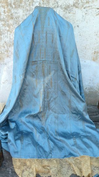 Vintage Old French Blue & Gold Threads Large Silk Panel With Ecru Lace Ruffles