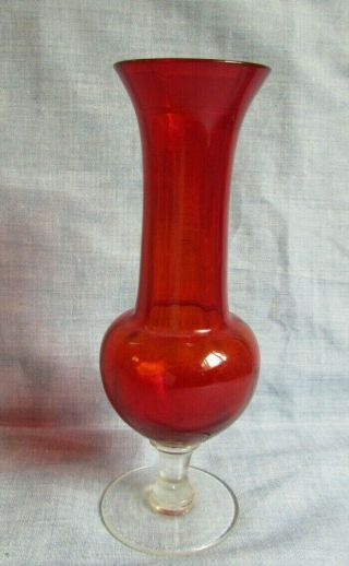 Italian Art Glass Ruby Red Vase With Crystal Foot