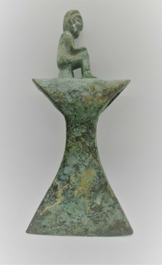 Circa 1000 Bce Ancient Luristan Bronze Axe Head With Seated Figure On Top