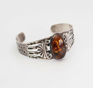 Vintage Ornate Sterling Silver And Amber Native American Cuff Bracelet