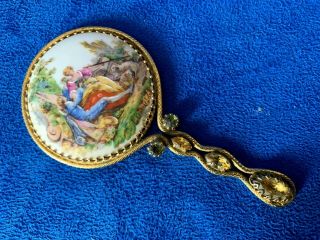 Vintage Limoges Hand Painted Porcelain Mirror With Jeweled Handle
