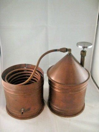 Vintage Copper Whiskey Moonshine Still With Coil Bucket