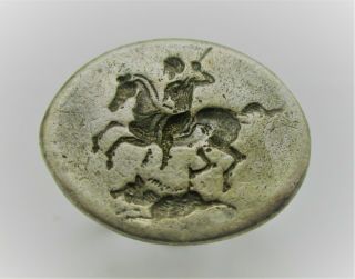 Ancient Byzantine Ar Silver Seal Ring Depicting Horse And Rider Ca 700ad