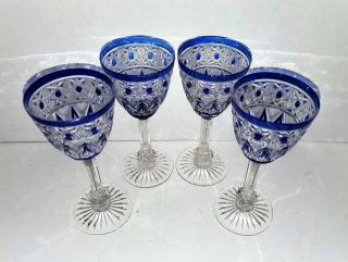 Vintage 4 Val St Lambert Cobalt Blue Cut To Clear Crystal Stemmed Wine Goblets