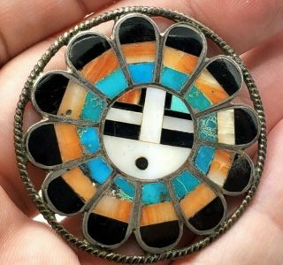 Big Vtg Native Zuni Sterling Silver Turquoise Coral Mop Inlay Sunface Pin Brooch
