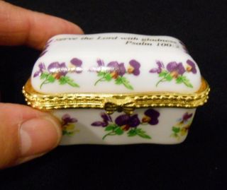 Psalm 100:2 Porcelain Trinket Box Purple Flowers " Serve The Lord With Gladness "