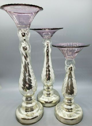 Mercury Glass Candle Holder Set Of 3 Varying Sizes Amethyst Velvet Base