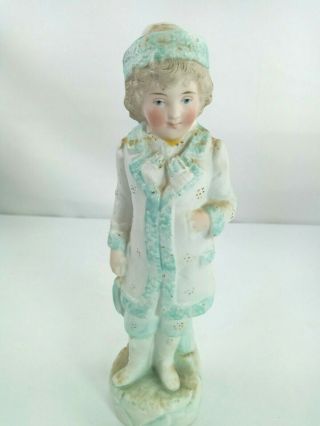 Vintage Bisque Porcelain Boy Figurine Winter Coat And Boots