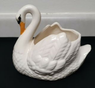 Vintage White Ceramic Swan Planter 6 " Tall Hand Painted Eyes & Beak