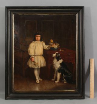19thc Antique Portrait Oil Painting,  Victorian Girl & Border Collie Dog