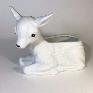 Vintage White Ceramic Deer Planter Textured Matte White Fawn