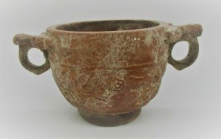Scarce Ancient Greek Terracotta Twin Handled Corinthian Vessel With Scenes