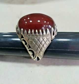 Antique Persian Men Dark Red Agate Stone Sterling Silver Ring Hand Carved 10.  75