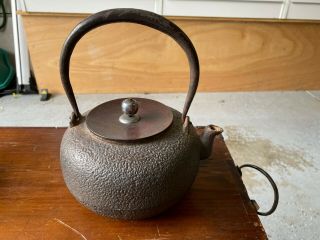 Vintage Signed Japanese Cast Iron Tetsubin Arare Pattern Teapot Water Kettle Tea