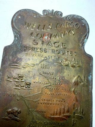 Vtg Antique Wells Fargo Stage Coach Routes Plaque Brass Copper Advertising
