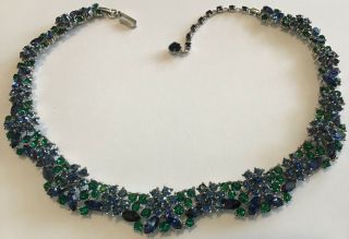 Vintage Crown Trifari Signed Blue & Green Rhinestone Flower Necklace