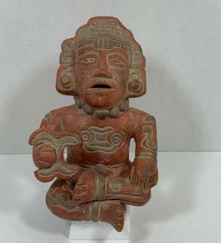 Columbia Mexican Mayan Aztec Pottery Red Clay Sitting Native Man With Rattle