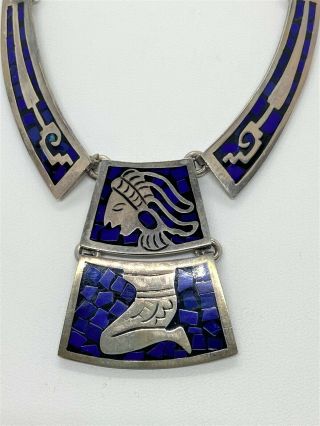 Estate Vtg Taxco Mexico Sterling Silver Lapis Mosaic Mayan Aztec Necklace Tb - 148