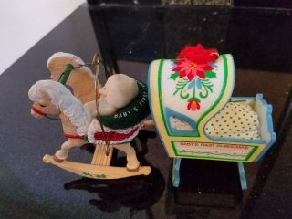 Hallmark Babys 1st Christmas Ornament 1983 In Cradle 1987 Baby In Rocking Horse