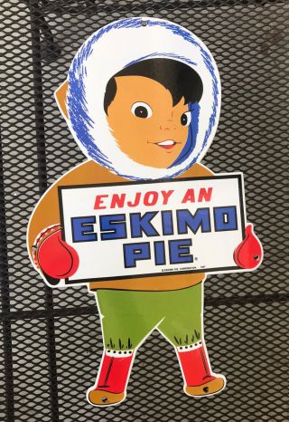 Vintage Enjoy An Eskimo Pie Ice Cream Bar Metal Porcelain Advertisement Sign•