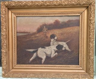 Very Good Antique American Folk Art Oil On Canvas Hunter With Hunting Dogs