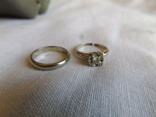 Vintage Estate 14k White Gold Diamond Wedding Engagement Band Ring Set size 5.  25 2