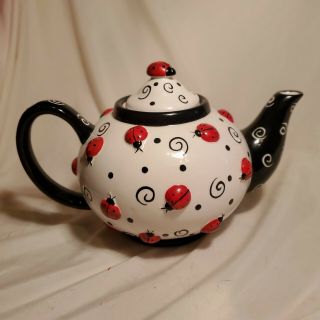 Ladybug Tea Pot With Raised Lady Bug Black & White Swirl Pattern By Fib 7c