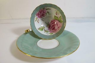 Vintage Aynsley England Pink Rose Cabbage Green Background Tea Cup & Saucer