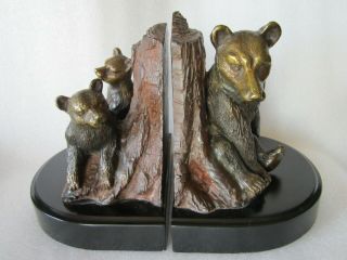 Antique Mother Bear And Cubs Solid Bronze Sculpture Bookends