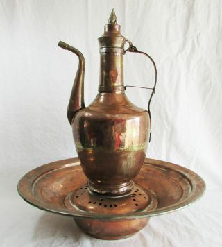 Antique Ottoman Handmade Copper Pitcher And Plate Ewer Basin Set Jug Ibrik